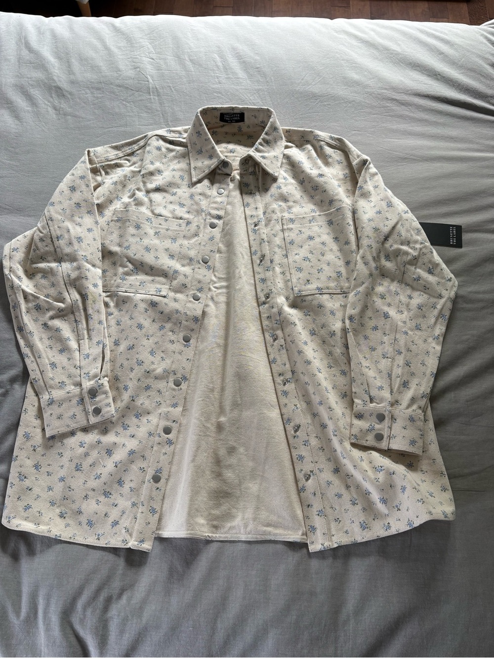 Brunette The Label Cream Button-Up Shirt Jacket with Blue Floral Print (NWT)